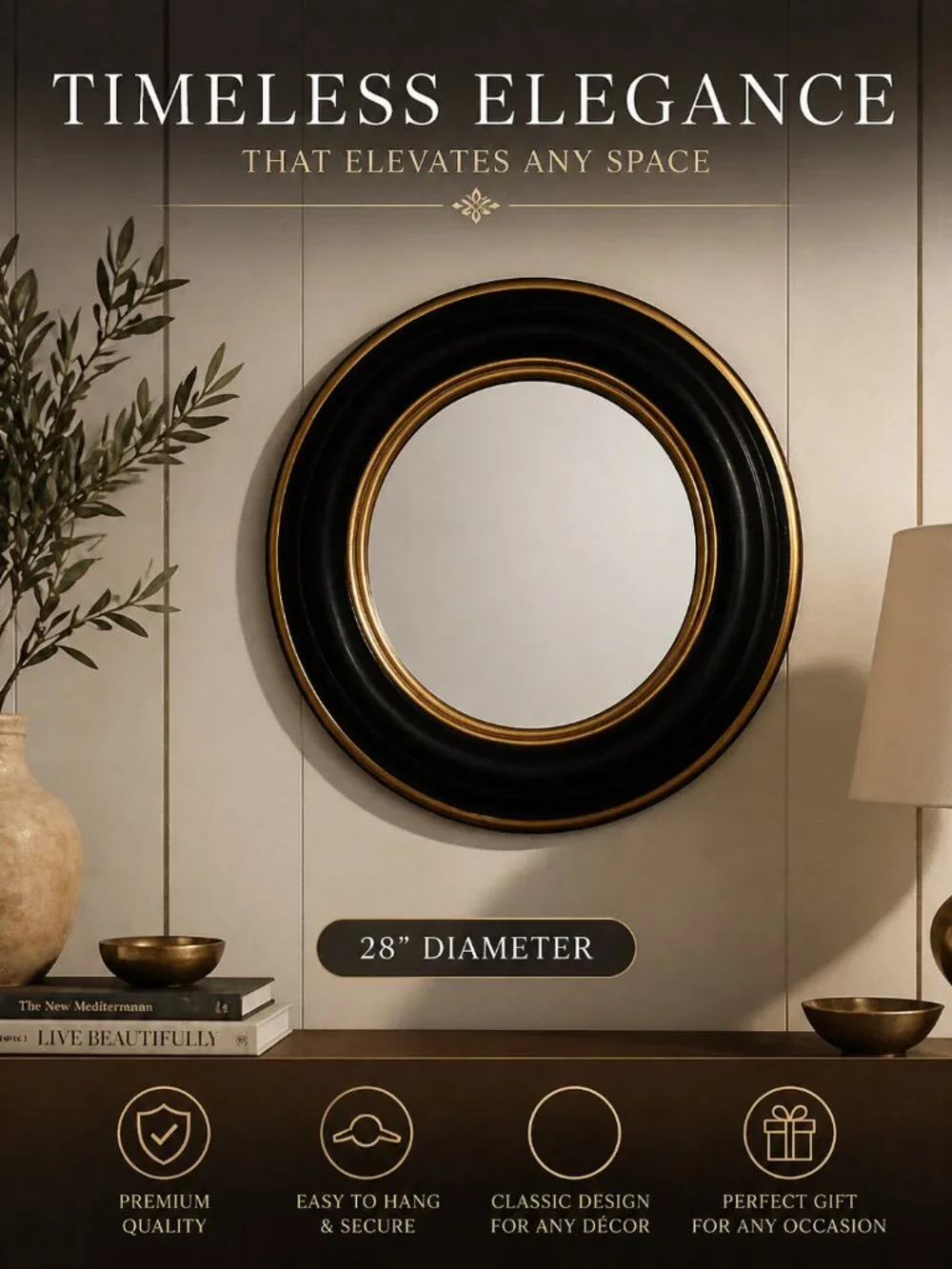 Round Black and Gold Accent Wall Mirror - Unbranded